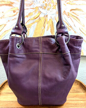 Tignanello Genuine Leather Purple Hobo Shoulder Bag Bucket Tote Silver Hardware